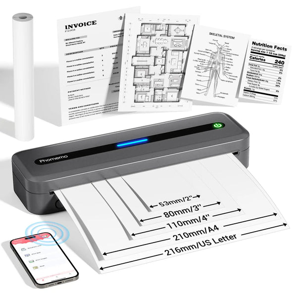 Multifunctional A4 Thermal Printer Bluetooth & Type-C Connection Compact Portable Mobile Printer for Travel Home Mobile Office