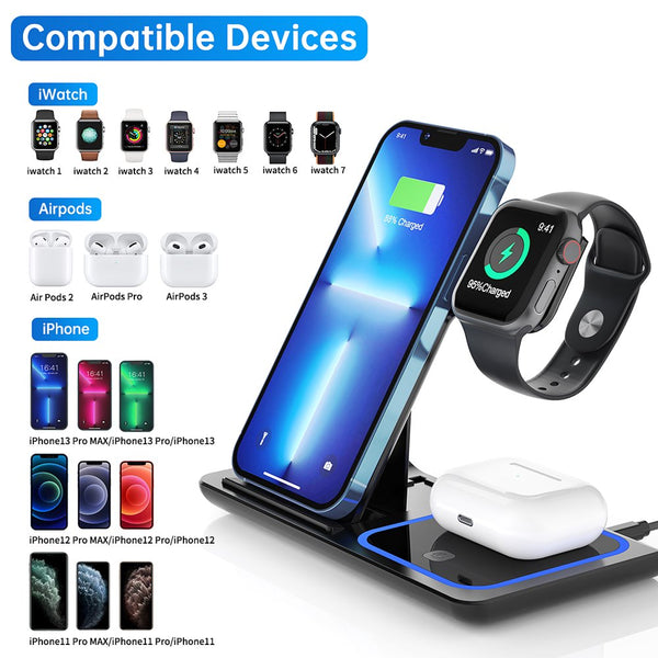 (3-in-1) Wireless Charger for Apple - Fast (18W) Charging Station Dock for iWatch Series SE 8/7/6/5/4/3, Airpods Pro/3/2, iPhone 15/14/13/12 /11/Pro Max/12 Mini /XR (With QC3.0 Adapter) - Digitxe Electronics