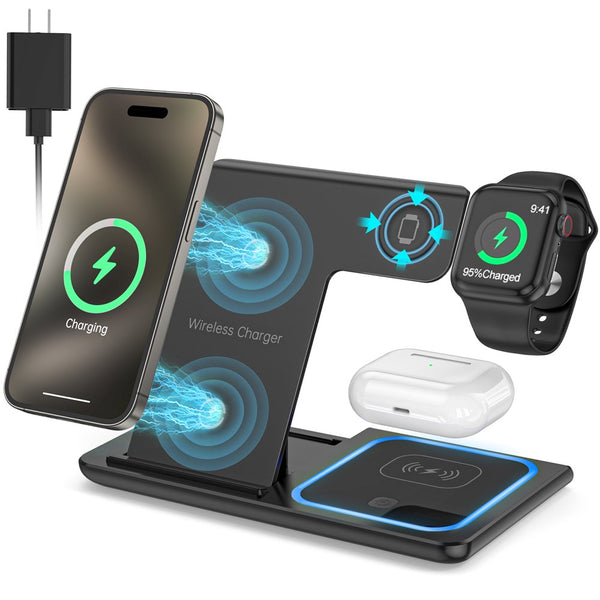 (3-in-1) Wireless Charger for Apple - Fast (18W) Charging Station Dock for iWatch Series SE 8/7/6/5/4/3, Airpods Pro/3/2, iPhone 15/14/13/12 /11/Pro Max/12 Mini /XR (With QC3.0 Adapter) - Digitxe Electronics