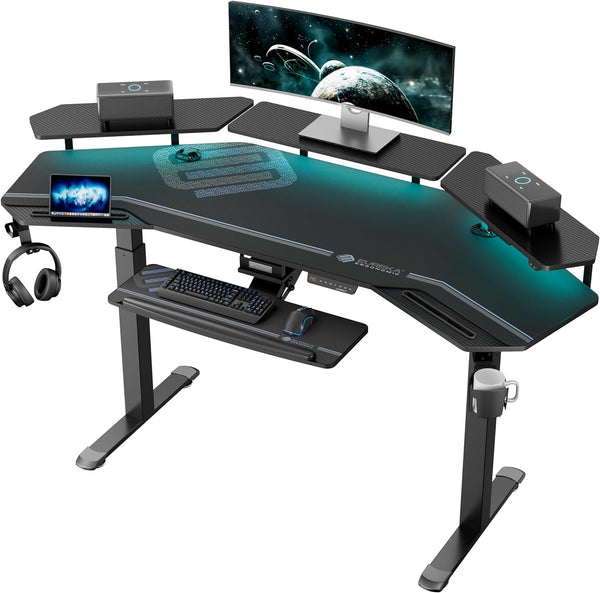 Gaming Desk, Standing Desk Keyboard Tray, 72" Wing Shaped Music Studio Desk Electric Adjustable Height Desk Sit Stand Desk with LED Shelves, Gaming Recording Live Stream, Slot Design - Digitxe Electronics